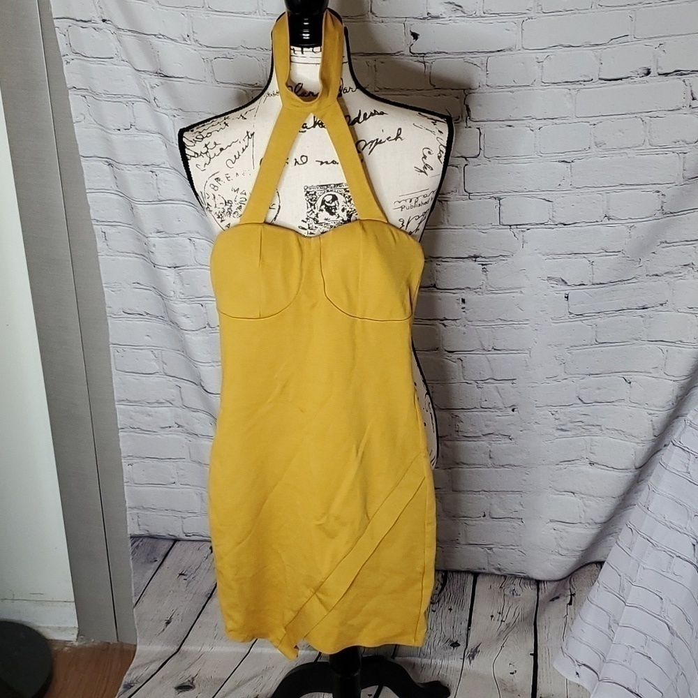 Fashion Nova Call Me Beep Me Halter Bodycon Dress Mustard NWT Size Small